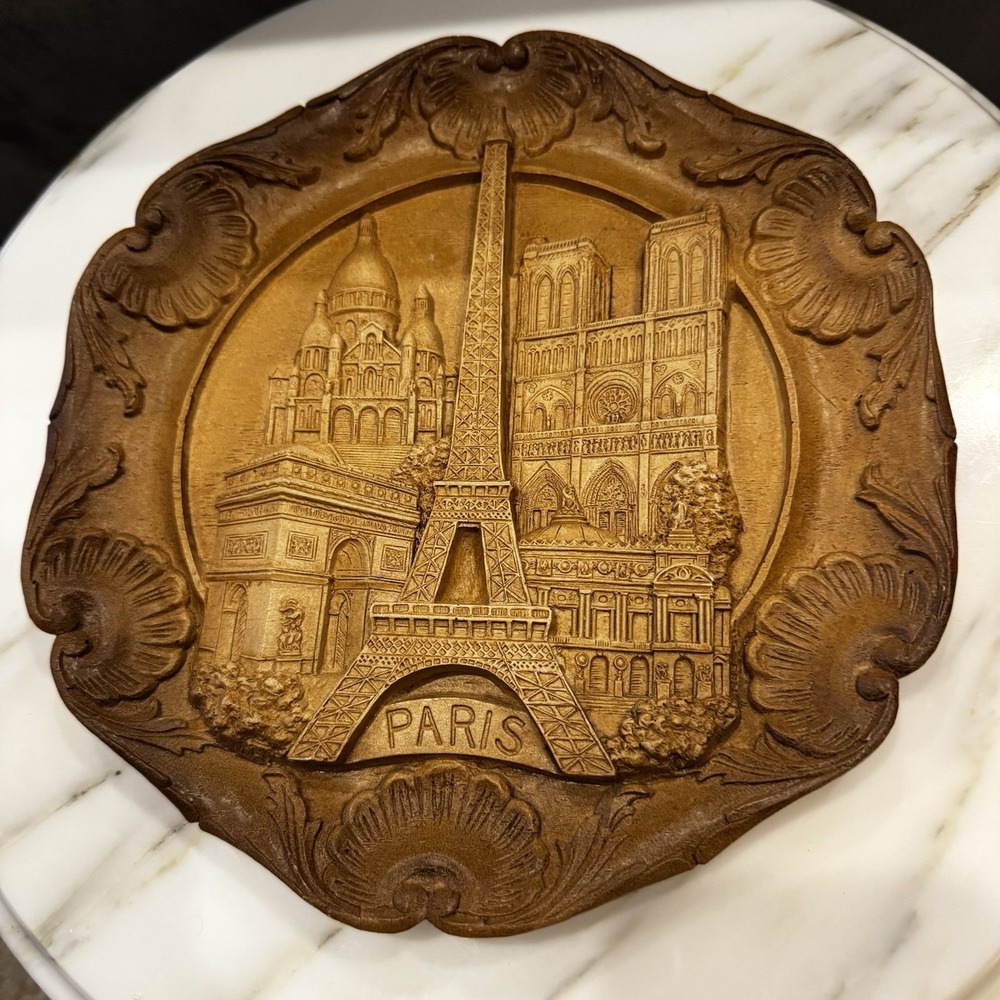 Vintage French Collectors Plate Paris 3D Carved Wood Resin Wall Plaque 9"